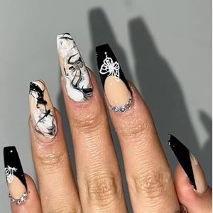 Coffin False Nails French Long Fake Nails Butterfly Bloom Press on Nails Ballerina Acrylic Stick on Nails 24pcs for Women and Girls, with solid glue, nail lamp