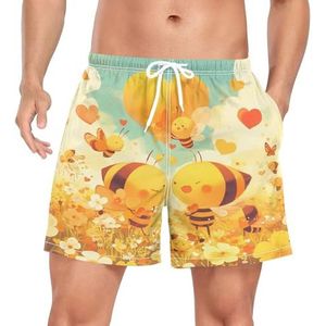 Niigeu Valentine Heart Bees Flower Zwembroek voor heren, sneldrogend, met zakken, Leuke mode, XL