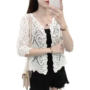 Vrouwen Zomer Gebreide Kant Shrug Boho Holle Gehaakte Bloemen 3/4 Mouwen Open Voorkant Bijgesneden Vest Elegante Korte Mesh Trui Cover Up Uitloper Katoenen kimono Vleermuismouwen Effen kleuren