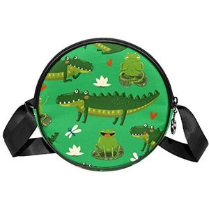 Ronde Crossbody Tas Messenger Bag Purse voor Vrouwen Groene Krokodil Kikker Uil Lotus, Meerkleurig, 6.7x6.7x2.3 in, Sling Rugzakken
