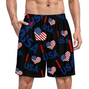 I Love Amerikaanse vlag grappige pyjama shorts voor mannen pyjamabroek heren nachtkleding met zakken zacht