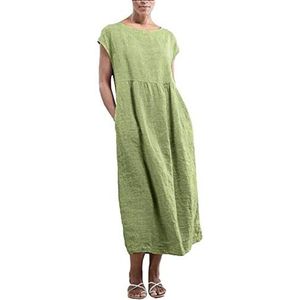 Vrouwen Katoen Linnen Maxi Jurk Plus Size Kleding Zomer Lange Jurk Kaftans Korte Mouw Vintage Losse Casual Plain Jurken met Zijzakken, Groen, L