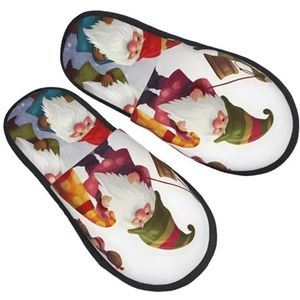 BONDIJ Xmas Grappige Kabouters Print Slippers Zachte Pluche Huis Slippers Warme Slip-on Slides Gezellige Indoor Outdoor Slippers voor Vrouwen, Zwart, one size