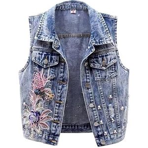 Runstarshow Dames mouwloos denim vest dames jeans vest kort gilet knopen retro denim jas elegant geborduurd bloemen lente herfst kleding maat S-XXL/UK 6-16, Blauw, XXL