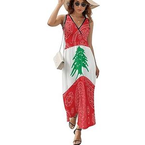 Libanon Paisley Vlag Casual Maxi Jurk Voor Vrouwen V-hals Zomer Jurk Mouwloos Strand Jurk M