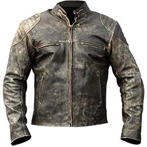Aksah Fashion Mens antieke zwarte vintage noodlijdende retro motorfiets biker lederen jas, Antiek Koeienhuid Leren Jas, L