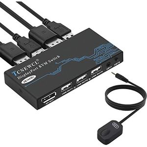 TCNEWCL DP KVM Switch 2 Port, 4K @ 60Hz DisplayPort KVM Switch voor 2 PC's 1 Monitor + 3 USB2.0 apparaten, DP 1.2 Switch voor Laptop, PC, Xbox HDTV, met 2 DP kabels en 2 USB kabels