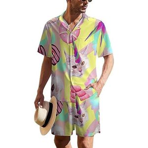 Eenhoorn kat Hawaiiaanse pak voor heren, set van 2 stuks, strandoutfit, shirt en korte broek, bijpassende set