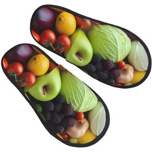 BONDIJ Verse groenten en fruit print pantoffels zachte pluche huispantoffels warme instappers gezellige indoor outdoor slippers voor vrouwen, Zwart, one size
