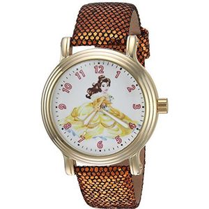 DISNEY Women's Princess Belle Analog-Quartz Watch with Leather-Synthetic Strap, Gold, 17 (Model: WDS000237)