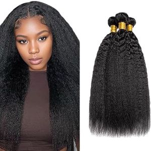 Tuheerst 1B Natural Black Bundles Human Hair Double Weft Yaki Straight Menselijk haar Extensions Unprocessed Brazilian Virgin Hair maagdelijk haar 14 16 18 Inch Total 3 Bundles Total 150g