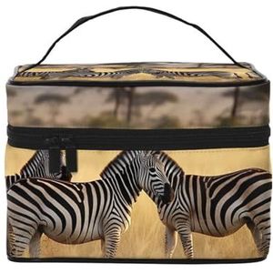 VTCTOASY Afrika Grasland Zebra Print Make-uptas voor Vrouwen Draagbare Toilettas Grote Capaciteit Reizen Cosmetische Tas voor Outdoor Reizen, Zwart, One Size, Zwart, Eén maat