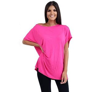 Hamishkane® Bardot Baggy-stijl oversized T-shirt voor dames - nieuwe effen dames off-shoulder vleermuistop, modieuze damestops voor casual feestkleding, Cerise, 42-44 grote maten