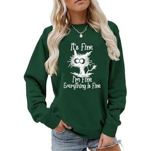 MLZHAN It's Fine I'm Fine Everything Is Fine Dames Sweatshirt Grappig Explosief Haar Kat Print Shirts Lange Mouw Truien Top, Vintage Groen, S
