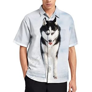 Snow Husky T-shirt met korte mouwen voor heren, casual button-down, zomer, strand, top met zak