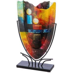 GILDE GLAS art Grote decoratieve vaas - handbeschilderde glazen vaas met metalen standaard - decoratie woonkamer hoogte 49 cm meerkleurig