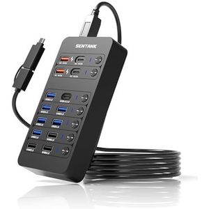 SENTANK USB-hub, stroomvoorziening via 14 poorten, USB-data-hub-splitter met 6 USB 3.0-poorten, 4 oplaadaansluitingen, 1 USB-C 3.0 data-poort, 1 60 W PD-oplaadaansluiting met schakelaars
