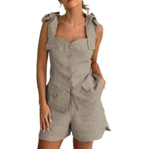 LoprNsdgt Dames 2-Delige Korte Sets Mouwloos Strik Vetervest Zakken Shorts Zakelijke Bijpassende Set,Khaki,L
