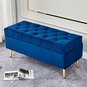 MNIHSFRTY Modern met opslag gouden poten fluwelen knop-getufte gestoffeerde voetkruk schoenveranderende kruk voor woonkamer slaapkamer entree hal - blauw 60x40x45cm (24x16x18inch)