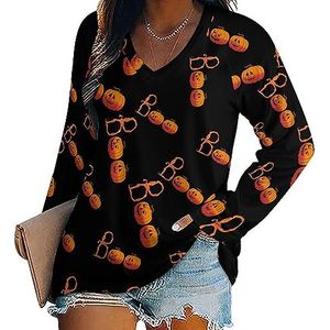 Halloween Boo Pumpkin Dames Casual Lange Mouw T-shirts V-hals Gedrukt Grafische Blouses Tee Tops M