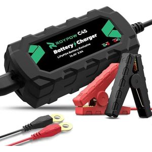LiFePO4 Lithium acculader, 12 V, RoyPow druppellader 3 ampère met krokodillenclip en ringklem
