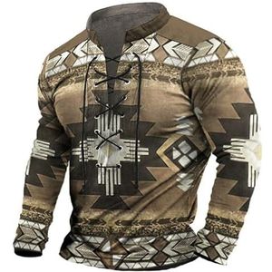Heren Vintage T-shirt Distressed Lace Up Opstaande Kraag Lange Mouw Shirt Etnische Stijl Grafisch Trui Sweatshirt Casual Tactische Outdoor Top Kleding, Kaki, S