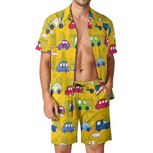 Kleurrijke Auto Mannen Hawaiiaanse Bijpassende Set 2 Stuk Outfits Button Down Shirts En Shorts Voor Strand Vakantie