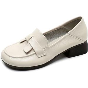 Sekiueo Dames Loafers Lage Dikke Hakken Ronde Neus Instappers Comfortabele Werkschoenen,Beige,35 EU