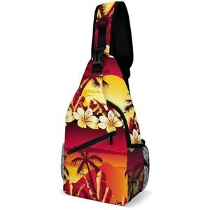 Tropische gouden zonsondergang met hibiscus bloemen reizen crossbody tas sling rugzak wandelen borst schoudertas fanny pack dagrugzak geschenken voor vrouwen mannen