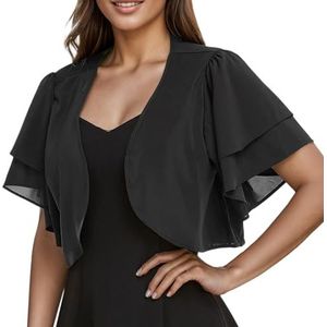 CuLtP bolero jasje Dames Chiffon Schouderophalen Cropped Bolero Licht Jasje Zomer Doorschijnend Vest Dubbellaags Ruches Korte Mouwen Blouse Avondjurken Sjaal Cover Ups Zwart S