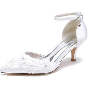 EICOFF Dames Gesloten Teen Pumps Puntige Trouwschoenen Hoge Hakken Kant Bloem Schoenen Enkelriem Bruids voor Business en Werk,Wit,36 EU