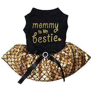 Petitebelle Mama Is Mijn Bestie Katoen Shirt Tutu Puppy Kleding Jurk, X-Small, Zwart/Goud Zeemeermin