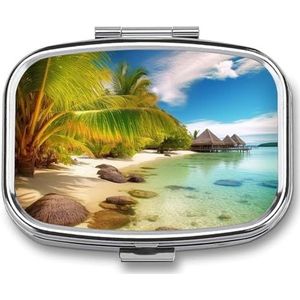 Pillendoos Tropisch Strand Landschap Ronde Pillenhoes voor Portemonnee & Pocket 2 Compartiment Geneeskunde Pil Organizer Draagbare Reizen Pillendoos Geneeskunde Vitamine Kabeljauw Leverolie Opbergdoos