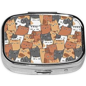 Mini vierkante pillendoos, medicijnorganizer, oranje katten, draagbare EHBO-doos, reispillendoos met 2 vakken, kleine pillendoos voor zak of portemonnee