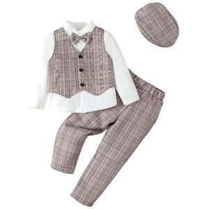 Lito Angels Baby Kids Jongens Gentleman Plaid Vest Pak Set Formele Bruiloft Outfits met Hoed, Grijs Groen Blauw Bruin, Bruin, 2-3 jaar