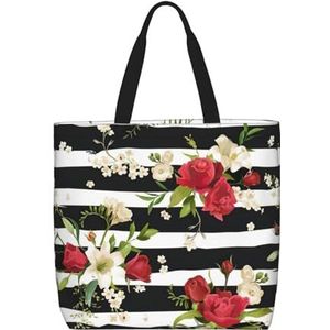 EdWal Planeet Print Lichtgewicht Reizen Tote Bag,Casual Schoudertas Shopper Handtas Werk Tote Bag, Zwarte witte strepen rode roos bloemen, Eén maat