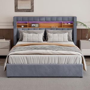 Gestoffeerd bed, tweepersoonsbed met 16 kleuren lichtbalk, bluetooth-speler en USB-laadstation, met vier laden, open scheidingswanden, houtnerf, fluweel, massief hout, MDF, grijs, 140 x 200 cm