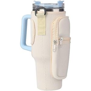 Draagtas voor waterflessen van 40 oz bekerhouder met ritszakje en eenvoudige moderne, verstelbare riem waterfles draagtas, bekerzakje accessoires voor klimmen en wandelen (beige)