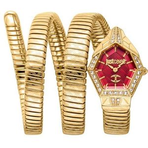 JUST CAVALLI Vrouwen Horloge, Gouden Kleur Geval, Rode Wijzerplaat, Gouden Kleur Metalen Armband, 2 Handen, 3 ATM, Gouden Kleur, Horloge