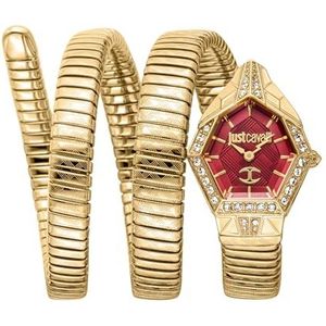 JUST CAVALLI Vrouwen Horloge, Gouden Kleur Geval, Rode Wijzerplaat, Gouden Kleur Metalen Armband, 2 Handen, 3 ATM, Gouden Kleur