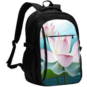 Roomijs En Wafel Patroon Gedrukt Laptop Rugzak Stijlvolle Casual Dagrugzak Met Usb Opladen Port Reisrugzak, Lotus Bloemen, One Size