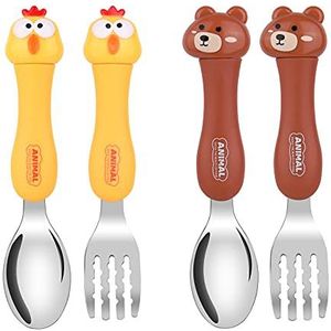 Vicloon Baby vork en lepel set, 4 stuks bestekset voor kinderen, roestvrij staal baby korte handgreep training servies ergonomisch ontworpen om zelfvoeding op de juiste manier te bevorderen