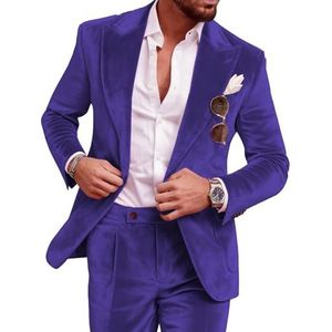 Fluwelen smokingpak voor heren, slanke pasvorm, 2-delige platte fleece jas, broekpak met piekrevers, Paars, XS