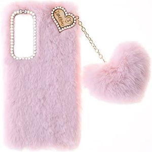Fluffy Fur Plush Case for Samsung Galaxy A14 5G Phone Case Girls Protective Case Soft Warm Love Fluffy Case Bling Diamond Cover Fluffy Cover Silicone Bumper Case for Galaxy A14 5G Case for Girls,Pink