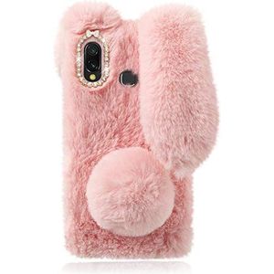 Mikikit Roze pluche konijntje harige telefoonhoes voor Samsung Galaxy A20e, schattig knuffeldier pluche pluizig hoesje voor meisjes cadeau, zachte gezellige faux konijnenbont beschermhoes voor Galaxy