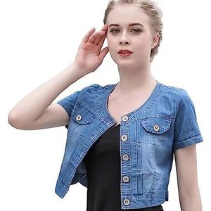Denim Jasje Dames,Dames Denim Jack Met Korte Mouwen Zomer Button Down Vest Crop Shawl Stretch Denim Jas Vintage Wash Faded Jean Bolero Jacket Tops Voor Jurk,Dark Blue,M