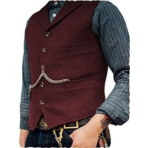 AeoTeokey Klassieke Mens Wol Tweed Pak Vest Casual Mouwloze Jas Visgraat Vest voor Smoking, Bordeaux, XL