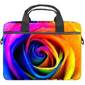 Blauw Hout Daisy Patroon Laptop Schouder Messenger Bag Crossbody Aktetas Messenger Sleeve voor 13 13.3 14.5 Inch Laptop Tablet Beschermen Tote Bag Case, Regenboog Bloem Rose, 11x14.5x1.2in /28x36.8x3 cm