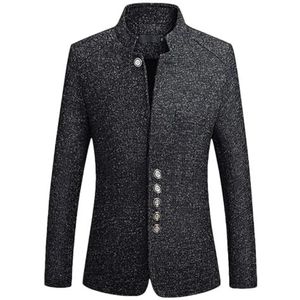 Heren Chinese stijl blazers heren opstaande kraag gedrukt pak jas mannen zakelijke casual blazers jas, Zwart, S