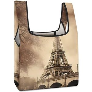 Vintage Parijs Eiffeltoren Herbruikbare Boodschappentassen Opvouwbare Boodschappentassen Grote Opvouwbare Tote Bag met Lange Handvatten